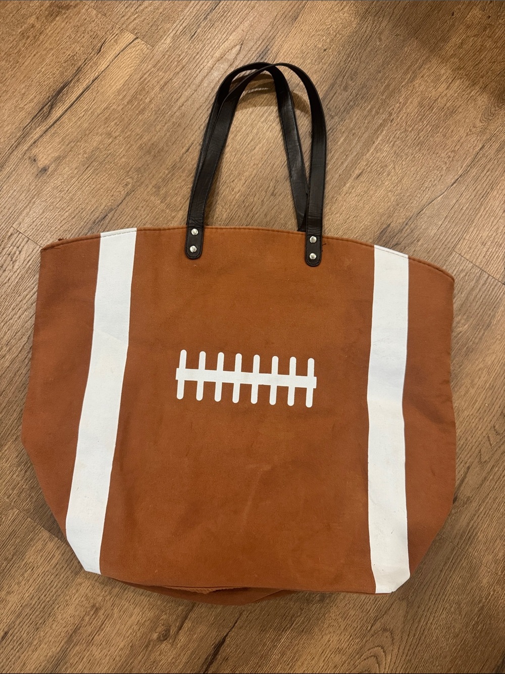 Brown Football-Style Canvas Tote Bag with Black Handles